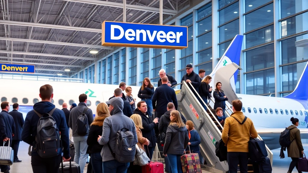 Passengers boarding commercial aircraft at Denver gate, diverse travelers with luggage and carry-on bags, modern airport terminal interior with bright lighting