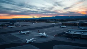 Aerial view of Denver International Airport with planes on tarmac during sunset, mountains visible in background, photorealistic travel photography