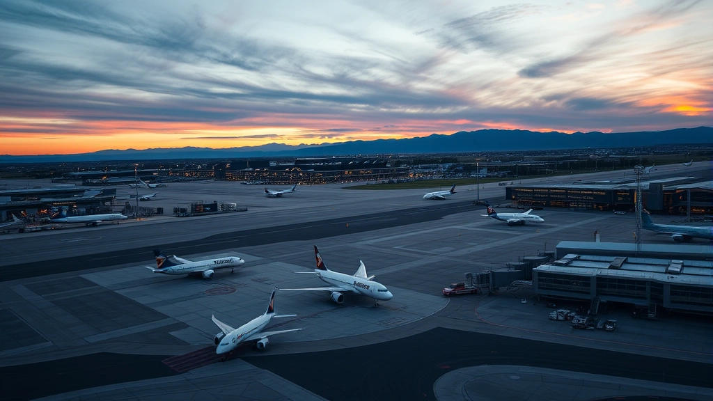 Aerial view of Denver International Airport with planes on tarmac during sunset, mountains visible in background, photorealistic travel photography