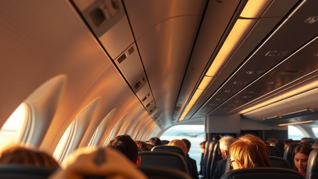 Modern airplane cabin interior showing passengers during flight with wing visible through window, professional commercial aviation photography