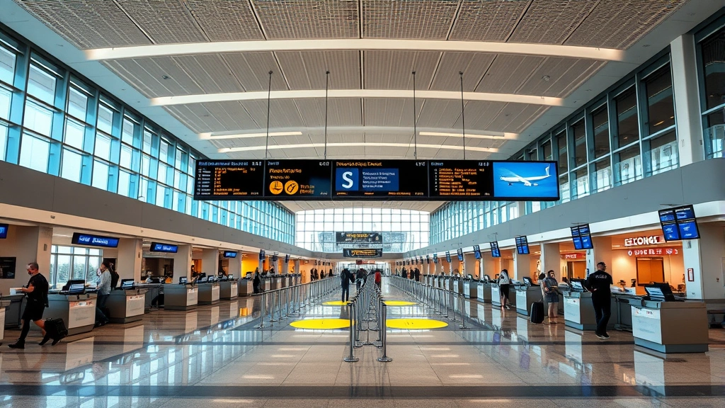 George Bush Intercontinental Airport Houston terminal interior with check-in counters and travelers, modern airport architecture