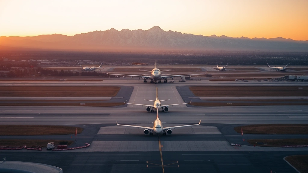 Aerial view of Denver International Airport with mountain backdrop and commercial aircraft on runway at sunrise, realistic photography style