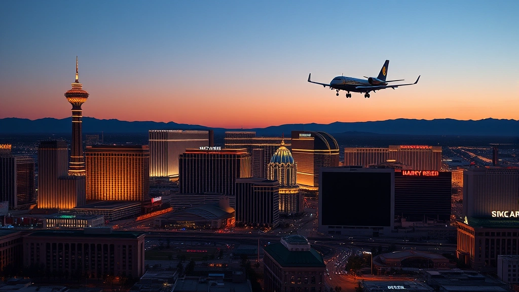 Las Vegas Strip skyline at dusk with Harry Reid International Airport approach lights visible, commercial aircraft descending, photorealistic urban landscape