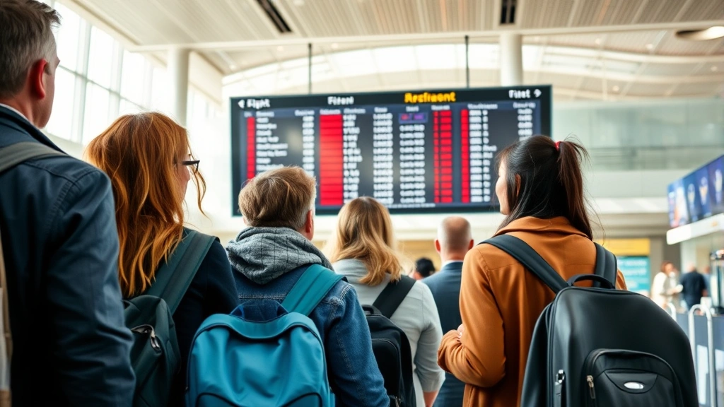 Diverse group of travelers checking flight information on airport display board, modern airport terminal interior, natural lighting, candid travel moment