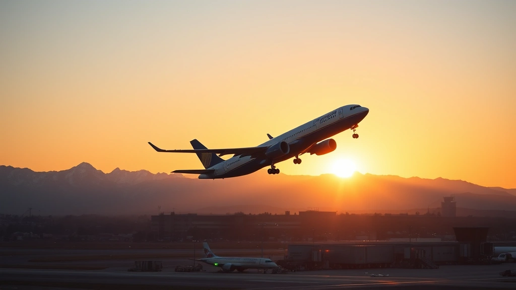 Modern commercial airplane ascending from Denver International Airport with Rocky Mountains in background at sunrise, clear blue sky, photorealistic