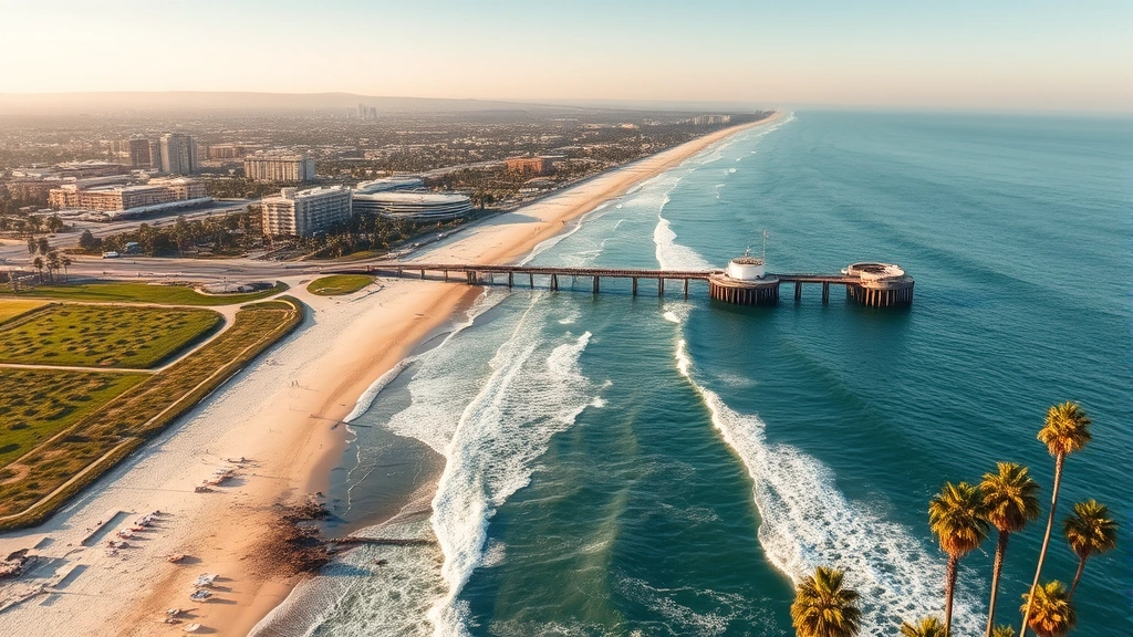 Aerial view of Los Angeles coastline with Santa Monica Pier and Pacific Ocean, palm trees, sunny weather, wide-angle perspective