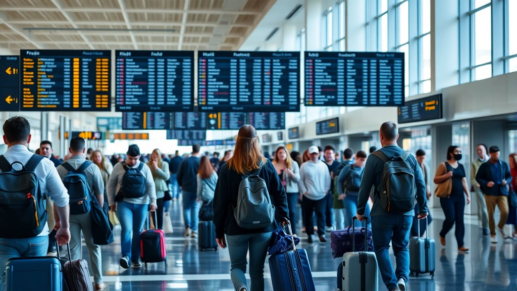 Busy airport terminal interior with travelers checking flight boards and walking with luggage, natural lighting, diverse crowd of passengers