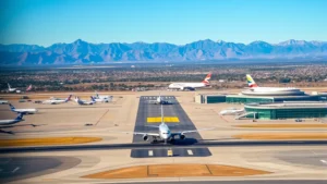 Aerial view of Denver International Airport with Rocky Mountains in background, commercial aircraft taxiing on runway, modern terminal buildings visible, clear blue sky, daytime photography