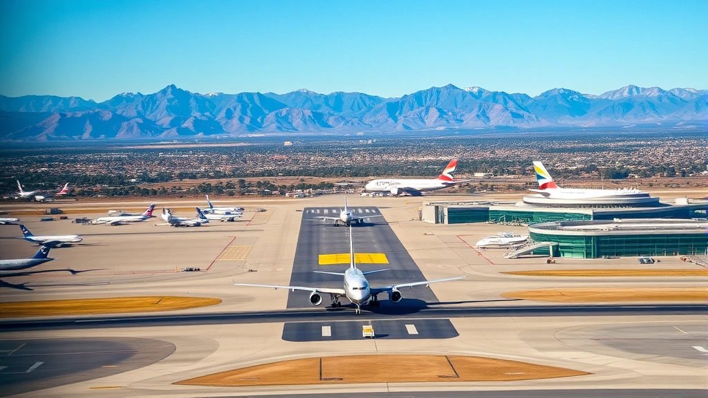 Aerial view of Denver International Airport with Rocky Mountains in background, commercial aircraft taxiing on runway, modern terminal buildings visible, clear blue sky, daytime photography