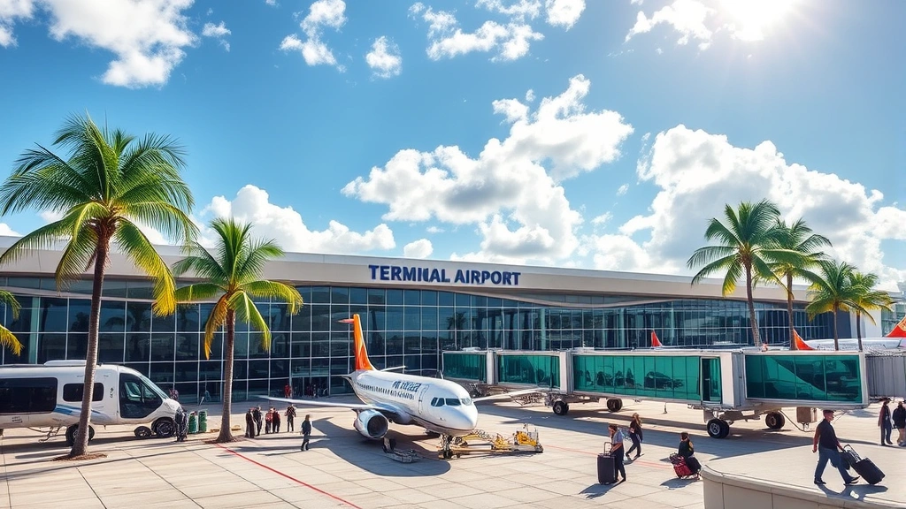 Miami International Airport terminal exterior with palm trees, modern architecture, aircraft parked at gates, tropical sunshine, active ground operations, travelers with luggage