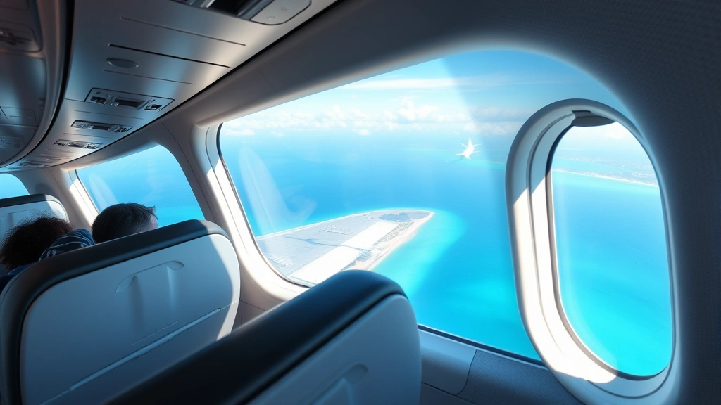 Commercial aircraft interior cabin during flight over blue ocean waters, window view of Miami coastline and turquoise Atlantic, passengers in seats, professional travel photography