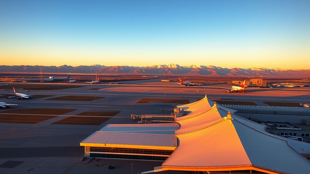 Aerial view of Denver International Airport (DEN) at sunrise with snow-capped Rocky Mountains visible in background, modern terminal building with distinctive roof architecture