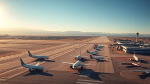 Aerial view of Denver International Airport tarmac with aircraft lined up, morning sunlight, Colorado mountains in distant background, photorealistic