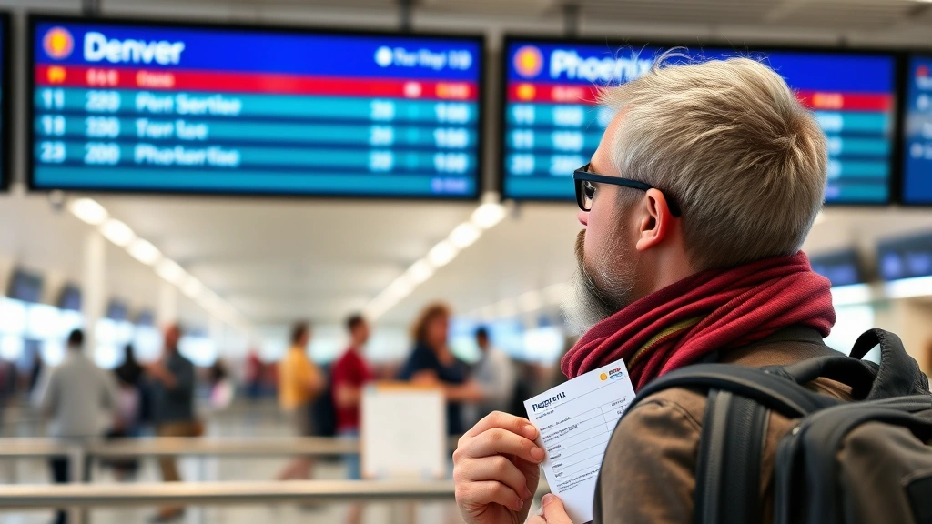 Traveler at airport gate holding boarding pass area, looking at departure board showing Denver-Phoenix route, casual travel scene, no visible text on displays