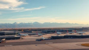 Aerial view of Denver International Airport with mountains in background, commercial aircraft on tarmac, morning light, photorealistic