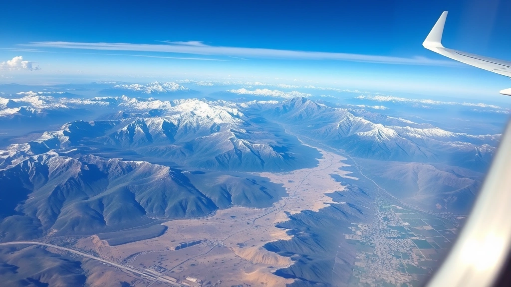 Scenic mountain landscape between Denver and Salt Lake City showing Rocky Mountains, valleys, and highways from airplane window perspective, photorealistic