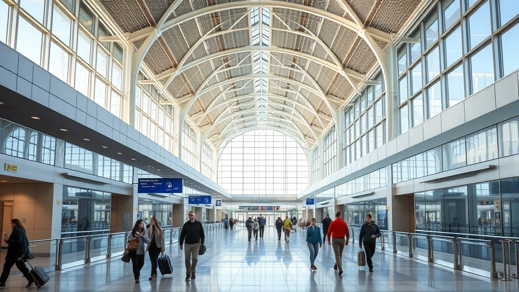 Salt Lake City International Airport terminal interior with modern architecture, travelers walking through corridors, natural lighting, photorealistic