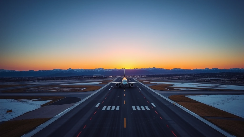 Aerial view of Denver International Airport runway at sunrise with snow-capped Rocky Mountains in background and commercial aircraft approaching for landing