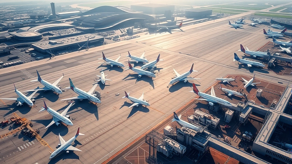 Aerial view of Detroit Metropolitan Airport with multiple commercial aircraft parked at gates, morning sunlight, busy airport operations