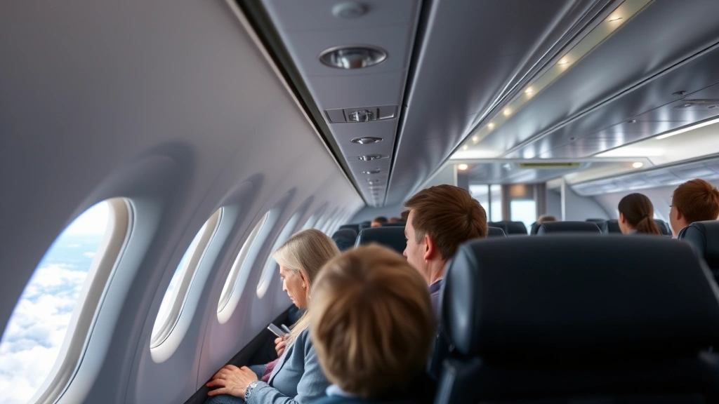 Modern aircraft cabin interior during flight with passengers seated, overhead bins, window showing clouds below, professional airline service
