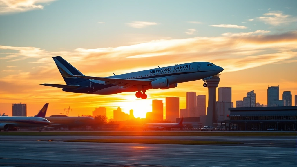 Modern aircraft taking off from Newark airport terminal at sunrise with New Jersey skyline in background, professional aviation photography