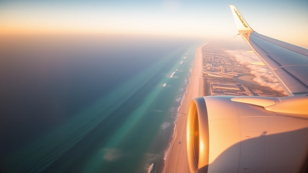 Miami beach coastline viewed from airplane window at cruising altitude, turquoise ocean water and sandy beaches visible below, golden hour lighting