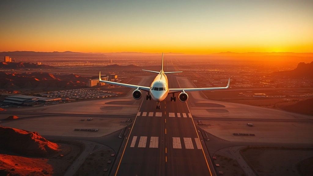 Aerial view of aircraft approaching Las Vegas airport runway with desert landscape and city lights in background, golden hour lighting, professional travel photography