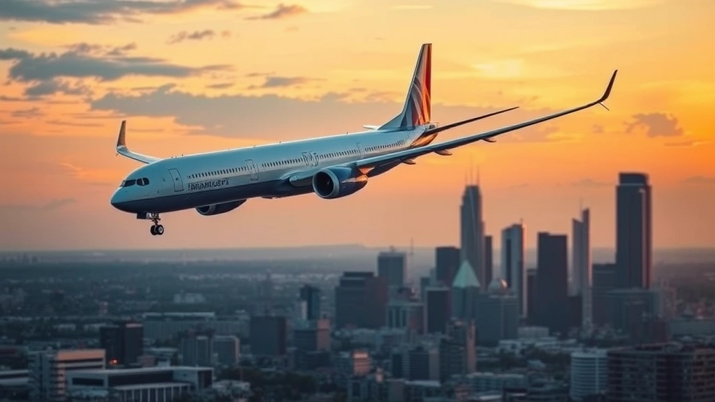 Modern commercial airplane at sunset over Houston skyline with distant skyscrapers, golden hour lighting, aviation-focused composition