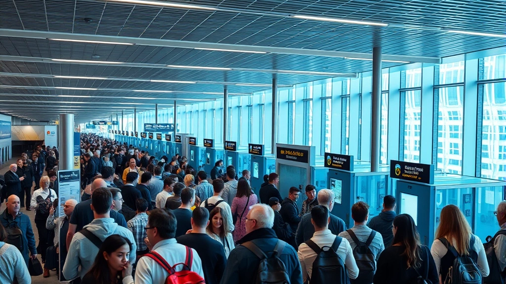 Crowded airport security checkpoint with passengers queuing, modern terminal design, realistic travel scene without signage