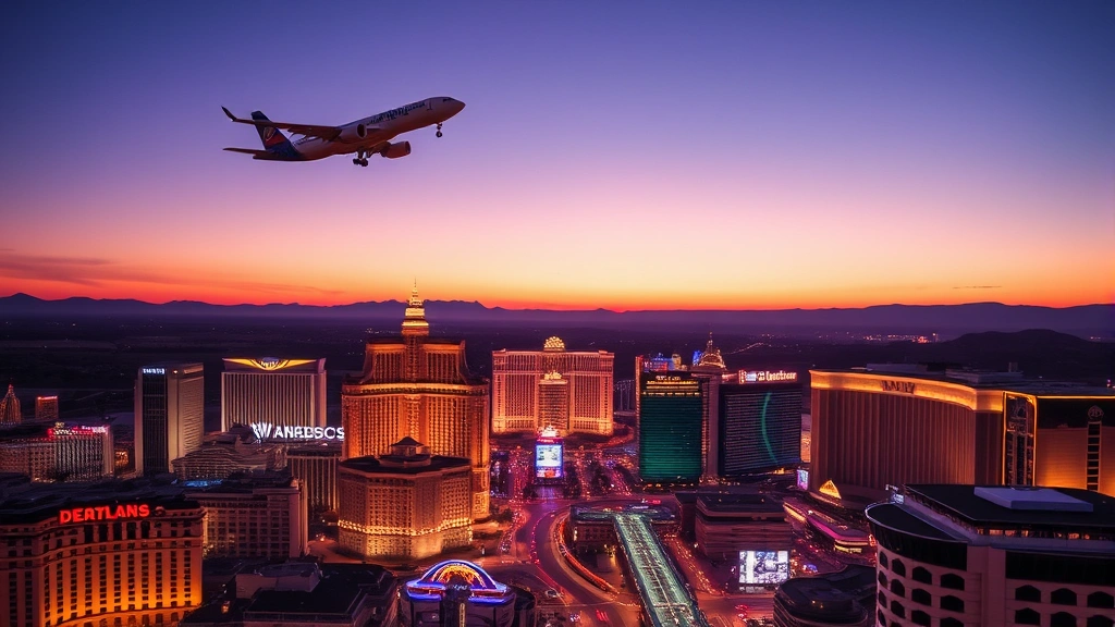 Las Vegas Strip hotels and casinos at dusk with airplane flying overhead, desert landscape, travel destination imagery