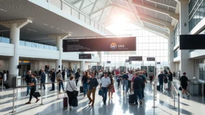 Busy airport terminal at Houston IAH with travelers checking in and security checkpoints visible, modern airport architecture, natural daylight streaming through windows, realistic photography