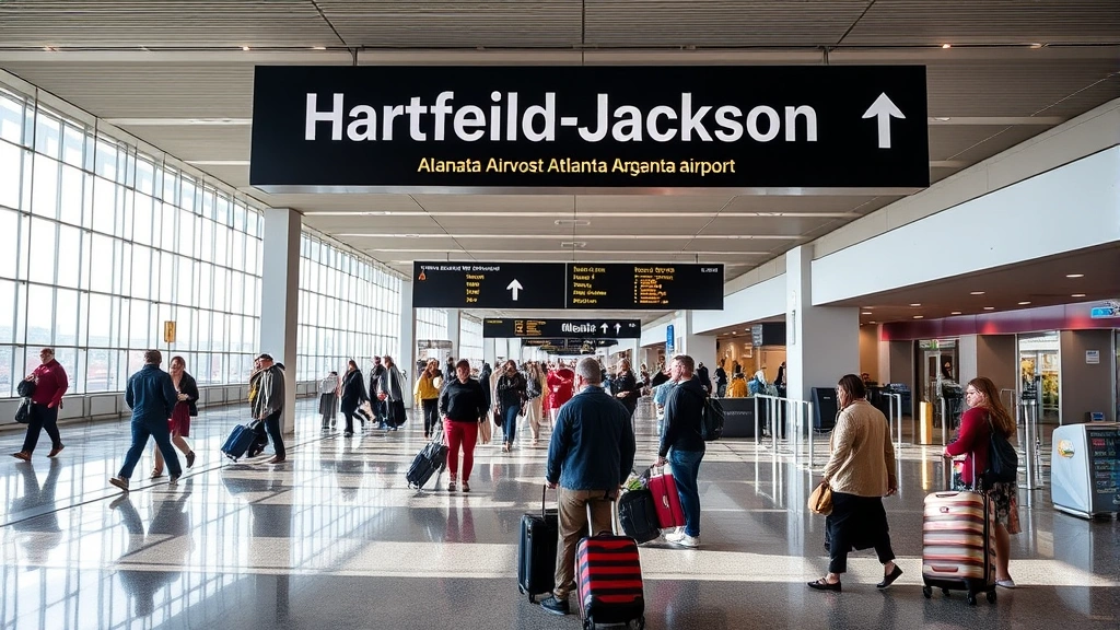 Hartsfield-Jackson Atlanta airport arrivals area with travelers with luggage, modern airport design, bustling passenger activity, natural lighting, realistic travel photography