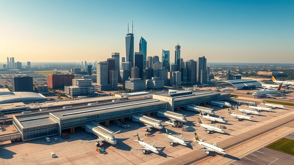 Aerial view of Houston skyline with modern airport terminals and commercial aircraft parked at gates, sunny weather, professional photography