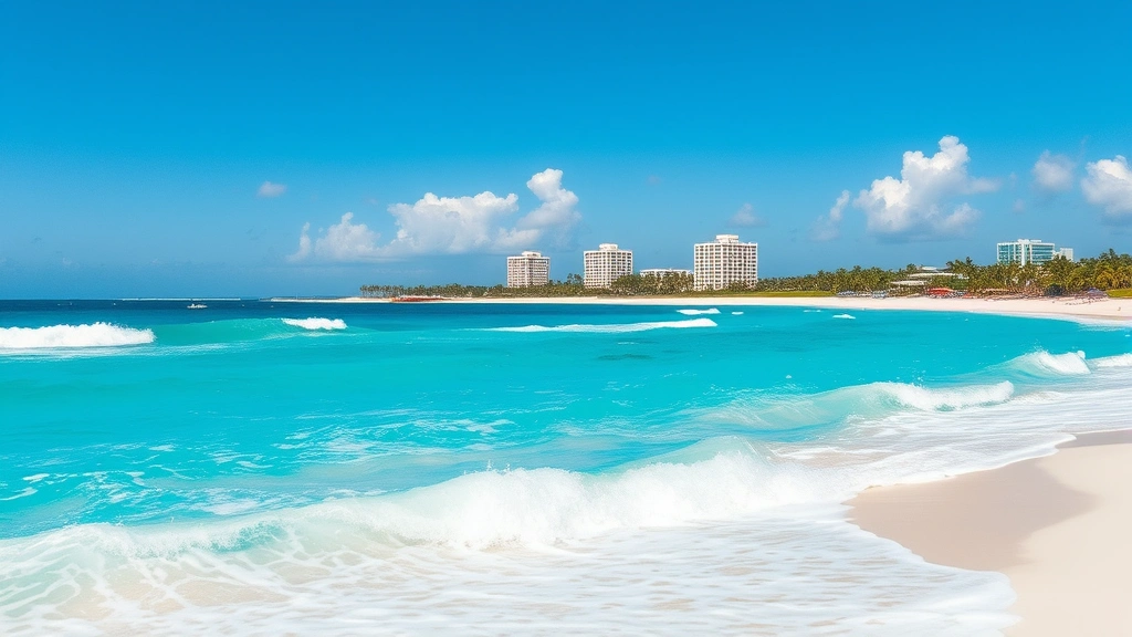 Turquoise Caribbean ocean waves and white sand beach in Cancun with resort buildings visible on shore, tropical paradise destination