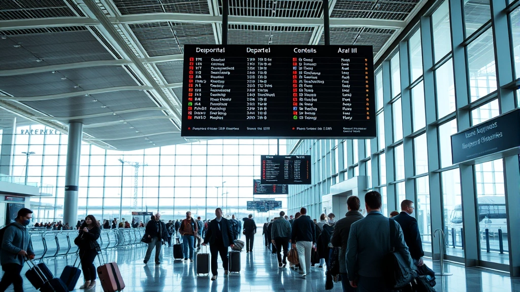 Interior view of modern airport terminal with departures board, travelers with luggage, bright natural lighting from large windows, busy but organized