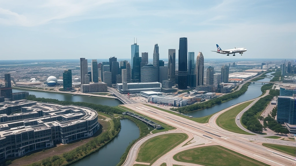 Aerial view of Houston skyline with modern skyscrapers, Buffalo Bayou winding through city, commercial airplane in takeoff position from runway, clear Texas sky