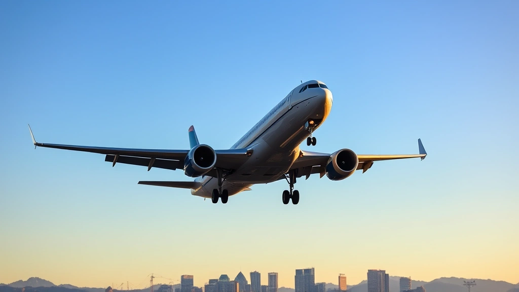 Denver skyline with Rocky Mountains at sunset, commercial airplane approaching airport with landing gear extended, clear blue sky