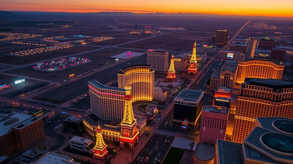 Aerial view of Las Vegas Strip at sunset with bright casino lights and desert landscape, professional travel photography, no text or signs visible, golden hour lighting, wide cityscape perspective