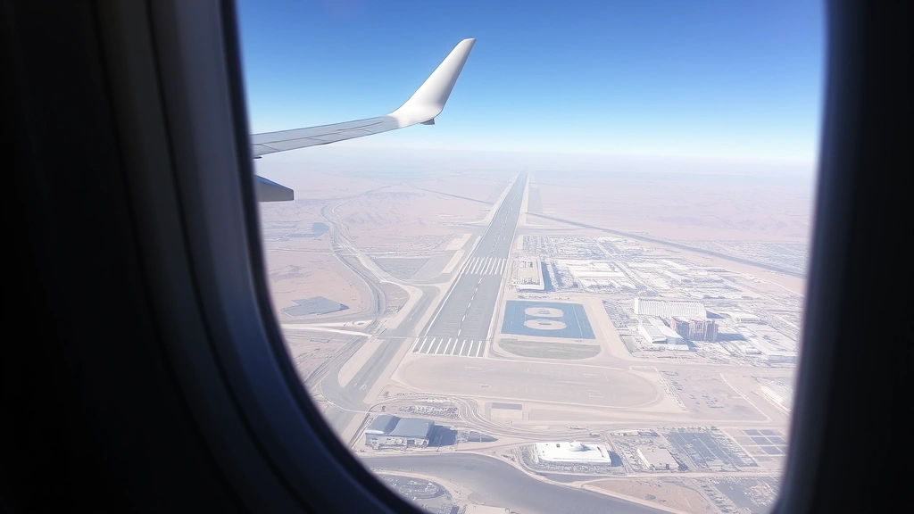 Modern airplane window view during descent into Las Vegas with runway and airport infrastructure visible below, desert terrain, clear day, professional aviation photography, no window seat text or labels