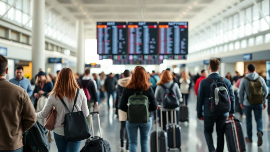 Busy Houston airport departure hall with travelers checking luggage and departure boards in soft focus background, diverse travelers, modern terminal architecture, bright natural lighting, no readable text on screens