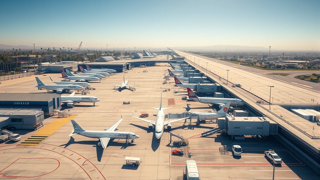 Photorealistic aerial view of Los Angeles International Airport with multiple aircraft parked at gates, palm trees visible in background, clear California sky, bright daytime lighting