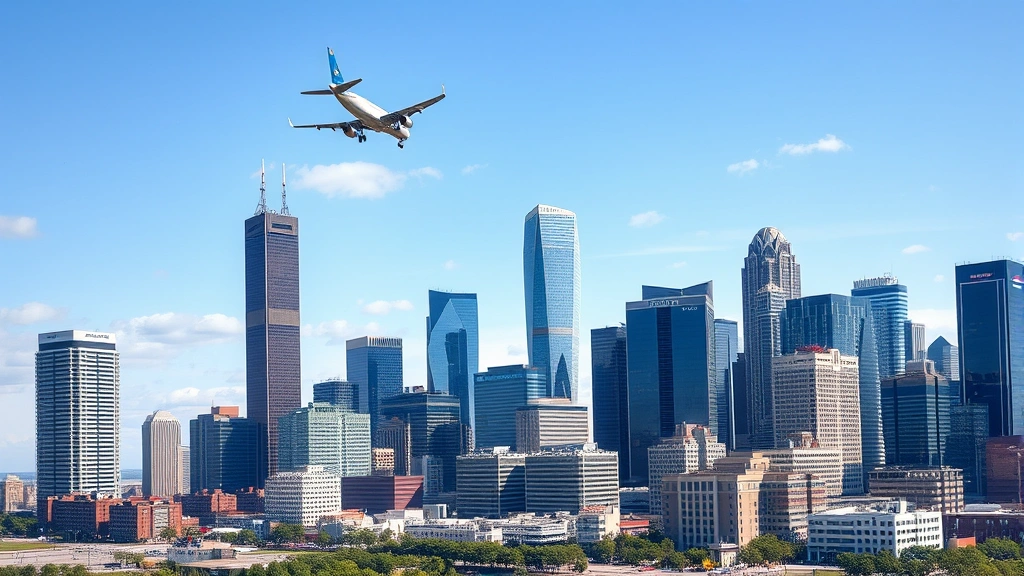 Photorealistic image of Houston skyline with commercial airplane in flight approaching the city, modern skyscrapers, clear weather, dynamic angle showing aircraft movement