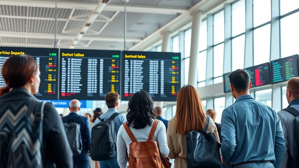 Photorealistic photo of diverse travelers checking flight information on airport departure boards, modern airport terminal with contemporary design, natural lighting through large windows, people in casual business attire