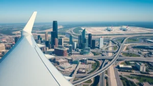 Aerial view of Houston skyline with modern highways and George Bush Intercontinental Airport terminals visible in distance, clear blue sky, professional photography