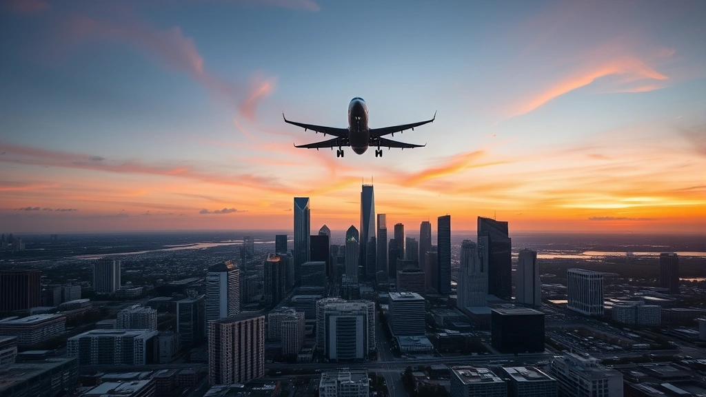 Aerial view of Houston skyline with commercial airplane flying overhead at sunset, Texas downtown buildings visible below