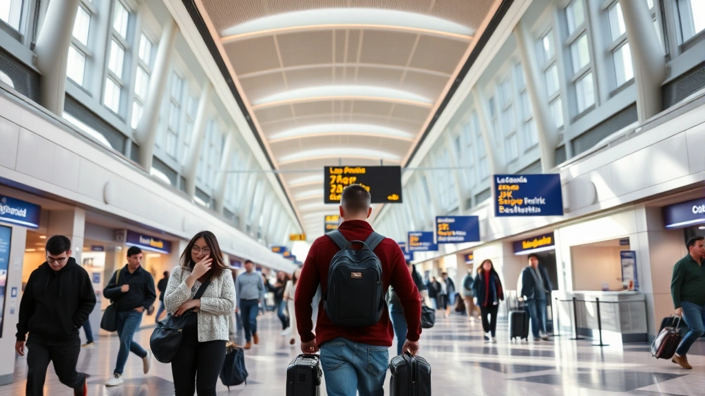 Busy LaGuardia or JFK airport terminal interior with travelers walking through modern gates and signage, bright natural lighting