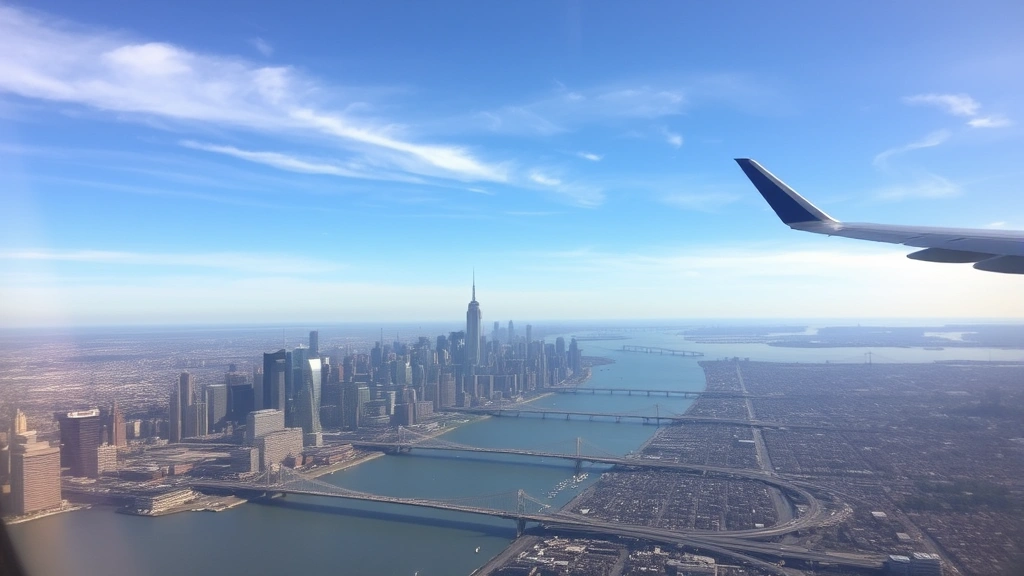 Manhattan skyline view from airplane window during approach to New York City, East River and bridges visible below