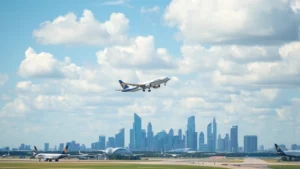 Aerial view of Houston skyline with commercial aircraft taking off from airport runway, blue sky with white clouds, modern city skyline visible in background
