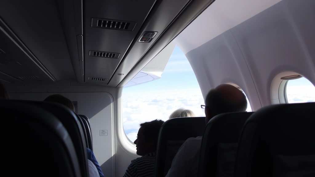 Interior cabin view of commercial aircraft during flight with passengers seated, wing visible through window showing clouds below, natural daylight through windows