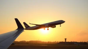 Modern commercial airplane taking off from Indianapolis International Airport with sunrise in background, wing visible in foreground, clear sky